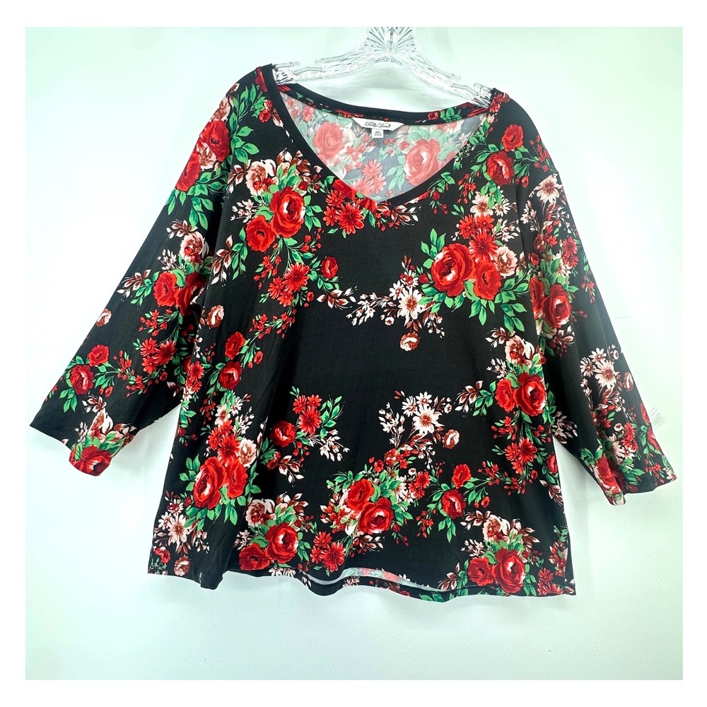 The Pioneer Woman Red Rose Floral V-Neck 3/4 Sleeve‎ Top Black XXL Feminine